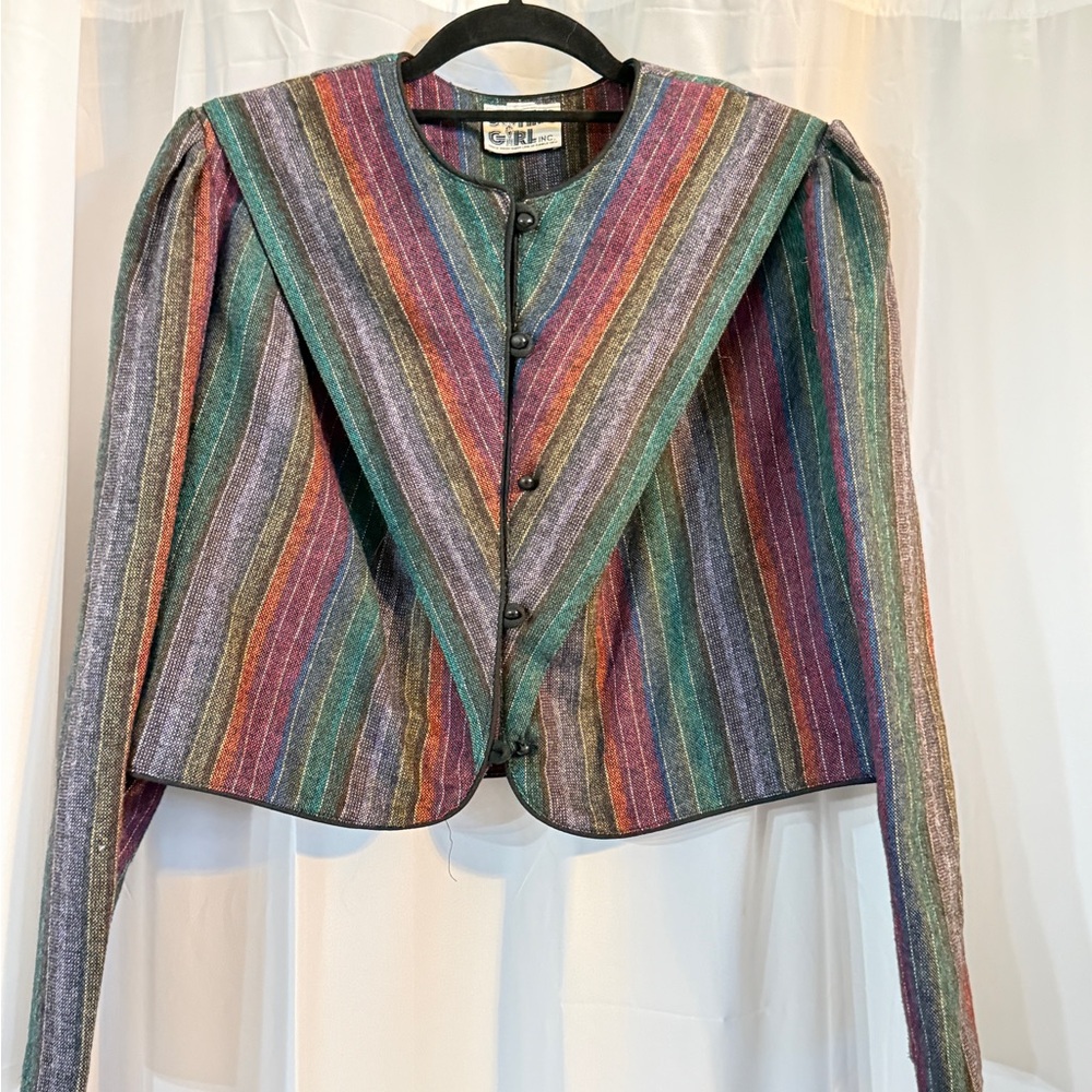 Vintage 80s Chevron Stripe Cropped Jacket | Colorful Wool Blend Blazer - Picture 3 of 8